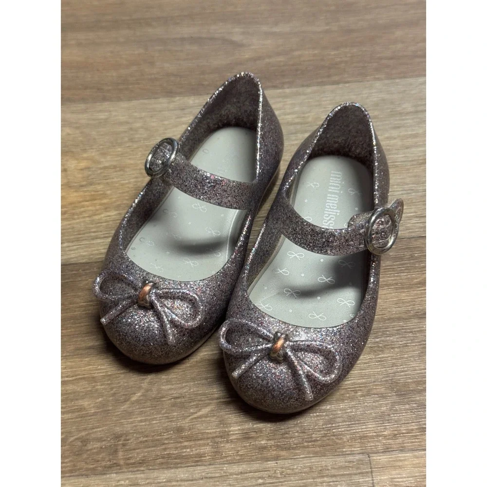 Mini Melissa Silver Glitter Ultragirl Bow Mary Jane Jelly Shoes Kids Size 6 US